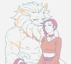 abs anthro choker clothed clothed_female clothed_human clothing crop_top duo eye_contact female female_human jewelry looking_at_another male muscular muscular_anthro muscular_male navel necklace nipples nude_anthro nude_male pecs shirt smile topwear ymym_co bandai_namco digimon digimon_beatbreak maki_kutsuwada digimon_(species) human mammal panjyamon hi_res