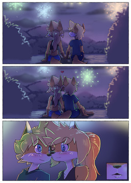 anthro blonde_hair blue_eyes blush duo female fireworks hair male male/female tail young young_anthro young_female young_male galo tammy_(tycloud) tycloud canid canine fox mammal absurd_res comic hi_res cousins_(lore)