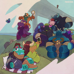 anthro apple_pencil bedding blanket bridge bug_net carrying_another clothing day gesture grass group hand_gesture hill hug hugging_another hugging_from_behind looking_at_viewer lying male on_shoulders on_side picnic pillow plant plushie resting running sea silly silly_face smile smirk sparkles stitch_(sewing) sweater tablet_computer topwear v_sign water trick_rex apple_inc. ipad microsoft minecraft mojang xbox_game_studios barry_(trick_rex) demure_dragon_(character) krystoval_(trick_rex) oryon_(trick_rex) schlepp_fox_(character) styrling_(trick_rex) trypp_(trick_rex) warryn_(trick_rex) arthropod butterfly insect lepidopteran warden_(minecraft) 1:1 absurd_res hi_res