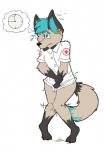 3_toes anthro barefoot blue_hair bodily_fluids bottomless claws clock clothed clothing feet female genital_fluids hair holding_crotch nurse omorashi solo sweat toes urine lexpads feyn canid canine mammal hi_res