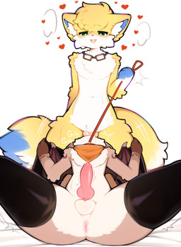animal_genitalia animal_penis anthro anus black_clothing black_legwear black_thigh_highs blue_ears blue_paws blue_tail canine_genitalia canine_penis clothing collar deep_throat duo eyewear genitals glasses green_eyes heart_symbol holding_both_legs holding_both_thighs inner_ear_fluff kerchief knot knotted_penis leash leash_pull legwear male male/male oral oral_penetration orange_kerchief penetration penis red_collar red_leash spread_legs spreading swallowing tail thigh_highs tuft white_inner_ear_fluff wings y_anus yellow_tail katsucoffee bat canid canine flying_fox fox mammal megabat absurd_res hi_res