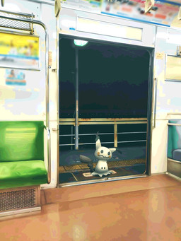 ambiguous_gender fake_eyes solo street_lamp tail train train_station vehicle yellow_body watawatakuro nintendo pokemon generation_7_pokemon mimikyu pokemon_(species) 2025 3:4 hi_res