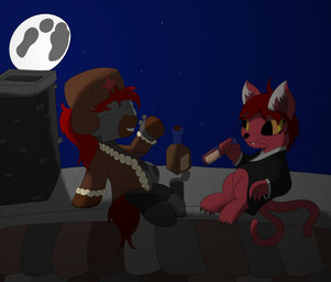akatsuki alcohol ambiguous_gender beverage clothed clothed_feral clothing drinking duo female feral rooftop ak darkest_light hasbro my_little_pony domestic_cat equid equine felid feline felis horse mammal pony absurd_res hi_res