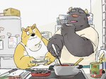 2022 4:3 anthro appliance black_body black_nose blush bovid bovine canid canine canis cattle clothing cooking detailed_background domestic_dog duo fridge hi_res humanoid_hands inside kemono kitchen kitchen_appliance kitchen_utensils male mammal overweight overweight_male pommn_mn shirt tools topwear