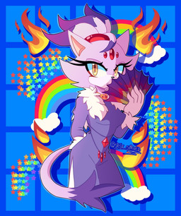 anthro biped clothed clothing dress eyelashes female front_view fur hair hand_fan looking_at_viewer pattern_background ponytail purple_body purple_fur purple_tail rainbow simple_background solo star tail yellow_eyes stella_smega3 sega sonic_the_hedgehog_(series) the_murder_of_sonic_the_hedgehog blaze_the_cat domestic_cat felid feline felis mammal 2023 hi_res portrait signature three-quarter_portrait