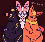 annoyed anthro black_body black_fur blue_eyes fur fur_markings group looking_at_another male markings orange_body orange_fur overweight pink_body pink_fur red_eyes ribbons trio white_body white_fur hailey_png nintendo pokemon eeveelution flareon generation_1_pokemon generation_2_pokemon generation_6_pokemon pokemon_(species) sylveon umbreon