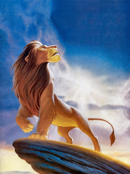 brown_body brown_fur cloud day feral fur looking_up male mane open_mouth outside rock solo standing sun tail whiskers mike_wimmer disney the_lion_king simba_(the_lion_king) felid lion mammal pantherine hi_res official_art traditional_media_(artwork)