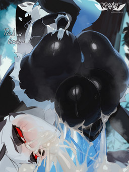 anthro anus balls big_balls big_butt big_penis blue_anus blue_penis bodily_fluids butt cum cum_in_mouth cum_inside cum_overflow duo female femboy genital_fluids genitals ghost_costume hand_on_butt huge_balls huge_penis hyper hyper_balls hyper_genitalia hyper_penis looking_at_viewer male male/female penis presenting presenting_hindquarters presenting_penis xeono hellaverse helluva_boss loona_(helluva_boss) nexo_(xeono) canid canine mammal 3:4 absurd_res hi_res