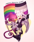 1_horn anthro asexual_pride_colors bisexual_pride_colors black_clothing black_topwear bodily_fluids boots clothing clothing_cord drawstring drawstring_topwear duo flag flag_(object) flag_print footwear fur gloves grey_body grey_fur handwear happy heart_clothing heart_font heart_jacket heart_print heart_symbol heart_topwear hip_grab holding_flag holding_object hoodie horn jacket lgbt_pride long_tail male open_mouth open_smile pride_color_flag pride_colors print_clothing print_hoodie print_jacket print_topwear purple_body purple_skin rainbow_flag rainbow_pride_colors rainbow_pride_flag rainbow_symbol shoes simple_background six-stripe_rainbow_pride_colors smile sweat tail text topwear transgender_pride_colors white_background white_clothing white_topwear yellow_eyes royalbootlace sega sonic_the_hedgehog_(series) espio_the_chameleon silver_the_hedgehog chameleon eulipotyphlan hedgehog lizard mammal reptile scalie 2020 english_text hi_res