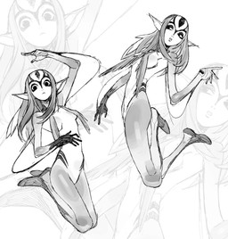 arm_fin arms_above_head bent_legs facial_markings female fin forehead_markings hair head_markings long_hair looking_at_viewer markings multiple_poses pointy_ears pose slim smooth_skin solo awkawk blue_submarine_no._6 mutio animal_humanoid aquatic aquatic_humanoid fish fish_humanoid humanoid nereid absurd_res black_and_white hi_res monochrome sketch