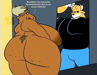 alternate_species anthro antlers back_rolls big_breasts big_butt breasts brown_body brown_fur butt cellulite clothed clothed_anthro clothed_male clothing door duo eye_contact female female_anthro fully_clothed fully_clothed_anthro fully_clothed_male fur furrification horn huge_breasts huge_butt inviting looking_at_another male male/female mismatched_sexual_dimorphism muscular muscular_male nude nude_anthro nude_female overweight overweight_female slightly_chubby slightly_chubby_male tan_antlers text thick_thighs possbooty cartoon_network johnny_bravo_(series) becky_(johnny_bravo) johnny_bravo deer mammal moose new_world_deer 2025 digital_drawing_(artwork) digital_media_(artwork) english_text hi_res