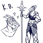 anthro armor blep blush blush_lines facial_spikes female glowing glowing_eyes horn melee_weapon polearm solo spear spikes spikes_(anatomy) tongue tongue_out weapon k.b.(kb2001uwu) kobold lizard reptile scalie 1:1 blue_and_white hi_res monochrome gynomorph_(lore)