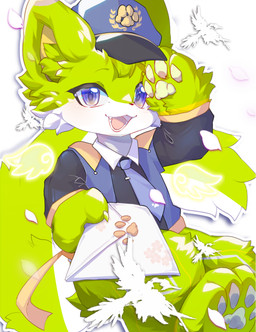 anthro blue_eyes clothing envelope fur green_body green_fur hat headgear headwear holding_envelope holding_letter holding_object male necktie open_mouth petals solo uniform fengxiang canid canine fox mammal hi_res