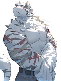 anthro belt biceps big_muscles biped blue_bottomwear blue_clothing bluesky_logo bottomwear clothed clothed_anthro clothed_male clothing eyes_closed facebook_logo front_view fur grey_body grey_fur grey_stripes hair head_turned holding_clothing holding_object holding_shirt holding_topwear huge_muscles inner_ear_fluff instagram_logo male markings monotone_clothing monotone_shirt monotone_topwear mouth_closed muscular muscular_anthro muscular_male neck_tuft pecs red_stripes shirt simple_background snout solo striped_arms striped_markings striped_tail stripes tail tail_markings text topless topless_anthro topless_male topwear tuft twitter_logo underbite white_background white_body white_clothing white_fur white_hair white_inner_ear white_inner_ear_fluff white_shirt white_topwear kuromonsart bluesky_(social_media) facebook instagram twitter felid mammal 2024 3:4 absurd_res artist_name dated digital_drawing_(artwork) digital_media_(artwork) english_text half-length_portrait hi_res portrait