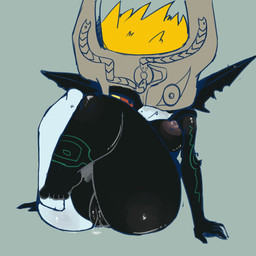 armor bedroom_eyes big_breasts big_butt black_body bodily_fluids breasts butt female fused_shadow genital_fluids genitals hair headgear helmet humanoid_pointy_ears markings multicolored_body narrowed_eyes nipples nude one_eye_obstructed one_fang orange_hair pointy_ears red_eyes seductive shortstack simple_background smile solo thick_thighs two_tone_body vulva wide_hips vono nintendo the_legend_of_zelda twilight_princess midna humanoid imp twili 1:1 absurd_res hi_res
