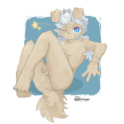 4_toes 5_fingers anthro anus arm_tuft balls blue_eyes blush bodily_fluids body_blush butt claws collarbone cum elbow_tuft eye_through_hair feet finger_claws fingers floppy_ears fluffy fluffy_tail foreskin fur genital_fluids genitals glistening glistening_body hair humanoid_genitalia humanoid_penis kemono knee_tuft leaking_cum leg_tuft looking_at_viewer male male_anthro nude one_eye_closed penis penis_blush pink_anus presenting presenting_hindquarters simple_background solo sparkles sparkling_eyes spread_legs spreading tail tan_balls tan_body tan_fur tan_penis toe_claws toes translucent translucent_hair tuft white_background white_hair wristband young young_anthro young_male regcron canid canine mammal 1:1 2025 hi_res signature