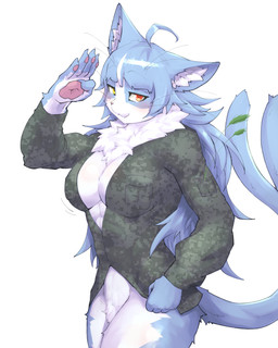 5_fingers anthro biped blue_body blue_fur blue_hair blue_inner_ear bottomless bottomless_anthro bottomless_female breasts camo camo_clothing camo_print camo_topwear claws cleavage closed_smile clothed clothed_anthro clothed_female clothing countershade_face countershade_fur countershade_hands countershade_legs countershade_neck countershade_torso countershading crossgender female finger_claws fingerpads fingers forked_tail front_view fur gesture green_clothing green_jacket green_topwear hair heterochromia inner_ear_fluff jacket jacket_only long_hair looking_at_viewer mouth_closed mtf_crossgender multicolored_body multicolored_fur neck_tuft orange_eyes pattern_clothing pattern_topwear pawpads pink_pawpads pockets pose pupils salute simple_background slit_pupils smile smiling_at_viewer solo tail topwear topwear_only tuft two_tone_body two_tone_fur unusual_anatomy unusual_tail white_background white_body white_countershading white_inner_ear_fluff white_sclera yellow_eyes captainjohkid japan_air_self-defense_force omaneko_(jasdf) felid mammal 2024 4:5 digital_drawing_(artwork) digital_media_(artwork) hi_res portrait three-quarter_portrait
