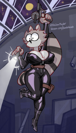 anthro belt bodysuit boots breasts burglar camera cleavage clothed clothing female flashlight footwear grappling_hook high_heeled_boots high_heels latex latex_clothing latex_skinsuit robbery shoes skinsuit solo tail thief tight_clothing window zipper boxx_wrench uva_the_raccoon mammal procyonid raccoon hi_res