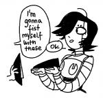 clothed clothing duo femboy hair hair_over_eye humor long_hair machine male not_furry one_eye_obstructed open_mouth simple_background text hotlegmeme undertale undertale_(series) mettaton mettaton_ex humanoid robot black_and_white digital_media_(artwork) english_text monochrome