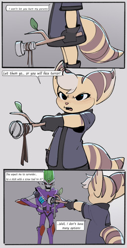 anthro clothed clothing dialogue duo female fluffy fluffy_tail fur gloves handwear improvised_weapon machine male markings red_eyes ring_(marking) ringed_tail stick striped_markings striped_tail stripes tail tail_markings text yellow_body yellow_fur young young_anthro young_female time_fluffy500 ratchet_and_clank sony_corporation sony_interactive_entertainment alioth_(time_fluffy500) dr._nefarious ratchet_(ratchet_and_clank) rivet_(ratchet_and_clank) lombax mammal robot absurd_res comic english_text hi_res