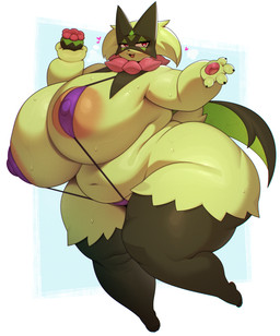 anthro areola areola_slip belly big_breasts bikini bodily_fluids breasts clothing curvy_figure female female_anthro fingers fur glistening glistening_body glistening_fur green_body green_fur heart_symbol huge_breasts huge_hips looking_at_viewer micro_bikini navel nipple_outline obese obese_anthro obese_female open_mouth overweight overweight_anthro overweight_female simple_background solo standing sweat sweaty_breasts sweaty_legs sweaty_thighs swimwear thick_thighs two-piece_swimsuit voluptuous white_background wide_hips berseepon09 nintendo pokemon generation_9_pokemon meowscarada pokemon_(species) 2025 digital_media_(artwork) full-length_portrait hi_res portrait