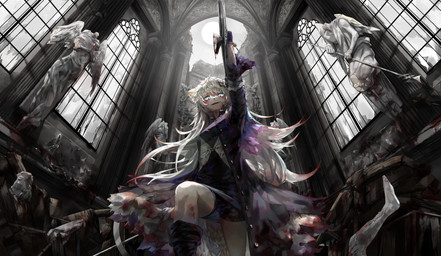 accessory alternative_fashion baroque_architecture blood bodily_fluids bottomwear church clothing cute_fangs detailed_background eye_scar facial_scar fangs female grey_hair hair hair_accessory hairclip inside j-fashion jacket long_hair looking_at_viewer low-angle_view ouji_(fashion) scar sculpture shorts smile solo statue teeth topwear a0lp arknights hypergryph studio_montagne lappland_(arknights) animal_humanoid canid canid_humanoid humanoid mammal mammal_humanoid 2020 hi_res