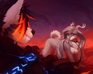 all_fours anthro antlers bdsm biped blue_eyes blush breasts clothed clothed_anthro clothed_male clothing collar dominant dominant_male duo female floppy_ears fur glowing glowing_hair hair hell horn leash leashed_collar leashed_female lop_ears male male/female neck_tuft nude nude_female nude_female_clothed_male purple_body purple_fur runes scut_tail short_tail smile submissive submissive_female suggestive tail teeth text toothy_grin toothy_smile tuft white_underside dustfinity mythology ami_(seraphimatic) azar_erebus canid canine canis domestic_rabbit jackalope lagomorph leporid lop_rabbit mammal mythological_creature oryctolagus rabbit wolf 2026 absurd_res artist_name detailed digital_drawing_(artwork) digital_media_(artwork) full-length_portrait hi_res portrait shaded signature