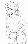 5_fingers anthro athletic athletic_anthro balls bedroom_eyes bulge clothed clothing dressing_up erection erection_under_clothing fangs fingers footwear genitals male mohawk narrowed_eyes nude penis scales scaly_tail seductive sharp_teeth shoes slippers smile smiling_at_viewer smirk smirking_at_viewer solo stand_up tail teeth tenting undressing undressing_self upper_teeth nekothesaber hardcroc_(radcroc) crocodilian reptile scalie 2024 2d_animation animated loop short_playtime sketch unfinished