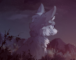 ambiguous_gender black_nose cloud countershade_face countershade_fur countershade_torso countershading detailed_background feral fur glistening glistening_body glistening_eyes glistening_fur glistening_nose grass grey_body grey_fur mountain night outside plant sitting sky solo star starry_sky text white_body white_countershading white_eyes white_fur year reysi canid canine canis mammal wolf 2018 dated digital_media_(artwork) hi_res shaded signature url