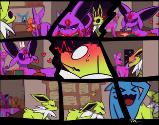 ambiguous_gender asterisk_(symbol) blood blurred_background blurred_character blush blush_lines bodily_fluids book comic_panel depth_of_field desk ears_up exclamation_point female floating_heart focused forehead_gem furniture gem group heart_symbol kissy_lips levitation looking_at_butt male nervous nervous_sweat nosebleed nosebleed_blush paper paper_stack question_mark raised_tail reading reading_book shocked squinted_eyes surprised sweat sweatdrop table tail telepathy torn_page wide_eyed witseoc lenny_face nintendo pokemon charmander eeveelution espeon generation_1_pokemon generation_2_pokemon generation_4_pokemon generation_5_pokemon glaceon jolteon joltik pokemon_(species) umbreon wobbuffet absurd_res hi_res meme