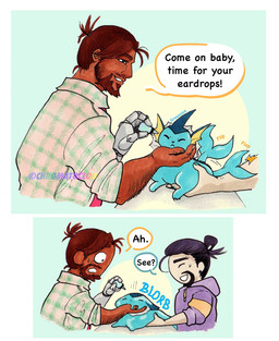 ambiguous_gender blue_body bodily_fluids claws clock clothing cybernetic_arm cybernetic_limb dialogue ear_fins feral fin frill_(anatomy) frown group head_fin hoodie male medicine melting membrane_(anatomy) membranous_frill neck_frill nude simple_background sound_effects speech_bubble stubborn sweat sweatdrop tail tail_fin tail_motion tail_slap tail_slapping text topwear trio watch wristwatch chromatocloo blizzard_entertainment nintendo overwatch pokemon cole_cassidy hanzo_(overwatch) eeveelution generation_1_pokemon human mammal pokemon_(species) vaporeon comic english_text hi_res signature