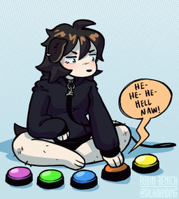 ambiguous_gender anthro black_clothing black_hoodie black_topwear blush blush_lines brown_hair clothed clothed_anthro clothing collar eyebrows hair hoodie leash leashed_collar mouthless pushbutton sitting solo speech_bubble text topwear salamanding joan_(salamanding) canid canine canis domestic_dog mammal artist_name digital_drawing_(artwork) digital_media_(artwork) english_text hi_res watermark female_(lore)