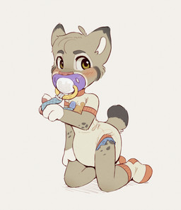 ambiguous_gender anthro black_body black_fur blush blush_lines clean_diaper clothed clothing diaper diaper_under_clothing diaper_under_onesie fur green_eyes grey_body grey_fur kneeling markings object_in_mouth onesie pacifier pacifier_clip pacifier_in_mouth simple_background snapsuit solo spots spotted_body spotted_fur wearing_diaper white_background white_body white_fur young young_ambiguous young_anthro skidoo minnow_(skidoo) felid feline lynx mammal hi_res