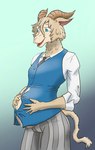 anthro belly big_belly blue_eyes clothed clothing horn male necktie pregnant pregnant_male smile solo redraster beastars pina_(beastars) bovid caprine dall_sheep mammal sheep hi_res