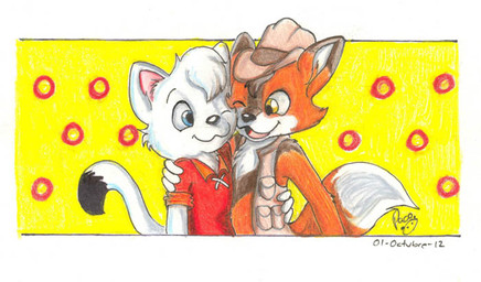 anthro blue_eyes box brown_clothing brown_hair brown_topwear brown_vest closed_smile clothed clothing container duo fur glistening glistening_eyes hair hat headgear headwear logo male male_anthro mouth_closed open_clothing open_mouth open_smile open_topwear open_vest orange_body orange_eyes orange_fur orange_tail red_clothing red_shirt red_t-shirt red_topwear shirt short_hair simple_background smile t-shirt tail topwear vest white_body white_fur white_hair white_tail young young_anthro young_male pandapaco domestic_cat felid feline felis mammal 2012 artist_logo dated signature