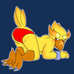 anthro beak bottomless butt clothed clothing feathers femboy kneeling looking_back looking_pleasured male on_ground red_clothing red_underwear solo sticker underwear yellow_body yellow_feathers unknown_artist brawl_stars supercell_(company) crow_(brawl_stars) avian bird corvid corvus_(genus) crow oscine passerine 1:1 alpha_channel hi_res