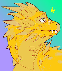 anthro eyewear female glasses gradient_background head_spines heart_eyes heart_symbol lightning_bolt looking_back overbite scales sharp_teeth side_view simple_background smile solo spines teeth yellow_body yellow_eyes yellow_scales yellow_spines megalogrowmon undertale_(series) alphys lizard reptile scalie bust_portrait portrait