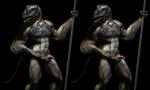 abs anthro armor biped black_background blue_eyes clothed clothing erection genitals hand_on_penis holding_object holding_weapon looking_at_viewer male muscular muscular_anthro muscular_male partially_clothed pecs penis presenting presenting_penis sharp_teeth simple_background solo standing teeth weapon wooky scalie 3d_(artwork) cross_eye_stereogram digital_media_(artwork) side_by_side_stereogram stereogram