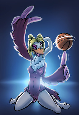 anthro areola ball basketball_(ball) beak blonde_hair breasts digitigrade eyeshadow feather_hands feathers female genitals gesture hair hand_gesture kneeling lipstick long_neck looking_at_viewer makeup navel nipples non-mammal_breasts non-mammal_hair non-mammal_navel non-mammal_nipples non-mammal_vulva nude nude_anthro nude_female one_eye_closed open_beak open_mouth smile solo spinning spinning_ball tail tail_feathers tongue v_sign vulva wink winking_at_viewer bassybefuddle conditional_dnp goat_(movie) sony_corporation sony_pictures olivia_burke avian bird ostrich ratite 2026 hi_res