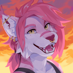 anthro barbell_piercing black_clothing black_topwear cheek_tuft clothed clothing cloud detailed_background ear_piercing ear_ring ear_tuft facial_piercing facial_tuft fangs female fur hair happy industrial_piercing looking_at_viewer multicolored_body multicolored_fur nose_piercing nose_ring open_mouth open_smile outside piercing pink_body pink_fur pink_hair pink_nose pink_tongue ponytail pupils ring_piercing septum_piercing septum_ring sky slit_pupils smile solo teeth tongue topwear tuft unsigned white_body white_fur yellow_eyes corzh77 felid feline lynx mammal 1:1 absurd_res bust_portrait detailed hi_res icon portrait