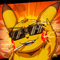 anthro cheek_spots cigarette cigarette_in_mouth electricity eyebrows fur looking_at_viewer male object_in_mouth open_mouth open_smile red_cheeks sharp_teeth smile solo teeth text tongue yellow_body mordegh nintendo pokemon generation_1_pokemon pikachu pokemon_(species) 1:1 2026 artist_name english_text hi_res