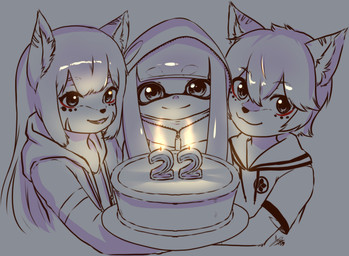 anthro birthday_cake cake clothed clothing dessert female food group hair male trio young young_anthro young_female young_male aogami nintendo splatoon aquatic canid canine cephalopod fox inkling mammal mollusk absurd_res hi_res monochrome brother_(lore) brother_and_sister_(lore) sibling_(lore) sister_(lore) twins_(lore)