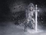 2018 ambiguous_gender anthro biped blue_eyes breasts dark detailed duo feet felid female fur ghost glowing glowing_eyes hair holding_object holding_weapon kneeling looking_at_viewer magic mammal melee_weapon night nipples nude outside pantherine pink_nose rayuna snow snow_leopard snowing spirit sword weapon white_body white_fur white_hair