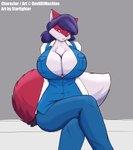 anthro big_breasts blue_hair breasts chest_tuft cleavage clothed clothing crossed_legs dipstick_tail female female_anthro fur gloves_(marking) hair huge_breasts looking_at_viewer markings office_clothing open_clothing open_shirt open_topwear purple_hair red_body red_eyes red_fur shirt simple_background sitting solo tail tail_markings topwear tuft white_body white_fur conditional_dnp devildjmachine starfighter rexi_awoosuko_(devildjmachine) canid canine fox mammal digital_drawing_(artwork) digital_media_(artwork) hi_res portrait three-quarter_portrait