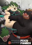 2020 96panda absurd_res anthro belly big_belly black_nose brown_body brown_fur canid canine canis domestic_dog duo fur green_body green_fur hi_res humanoid_hands kemono lifewonders live_a_hero male mammal mask mokdai moobs navel nipples overweight overweight_male suid suina sus_(pig) visor wild_boar