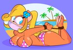 2019 absurd_res activision anthro bandicoot bare_legs bare_shoulders bdsm beach bent_legs big_breasts bikini black_nose blonde_hair blue_eyes bondage bottomwear bound breasts butt calves_up cleavage cloth_gag clothed clothing coco_bandicoot crash_bandicoot_(series) curled_hair detailed_background digital_media_(artwork) eyelashes female flower fur gag gagged hair hands_behind_back hi_res hogtied island long_hair looking_back lying mammal marsupial on_front orange_body orange_fur outside palm_tree pink_bikini pink_bottomwear pink_clothing pink_swimwear pink_topwear plant polka_dots ponytail raised_calf rope sand seaside shore sky solo swimwear tempson thick_thighs topwear tree water