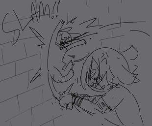 ambiguous_anthro ambiguous_feral ambiguous_gender angry anthro bracelet brick brick_wall clothing collar cross-popping_vein death duo feral gore jewelry killing sadism scar self-harm_scars shirt slam slamming t-shirt topwear wall_(structure) bravobunny bravo_(bravobunny) domestic_cat felid feline felis lagomorph leporid mammal rabbit monochrome sketch