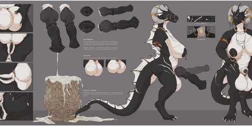 animal_genitalia animal_penis anthro armlet balls big_balls big_breasts big_butt big_penis black_body black_nipples black_penis black_scales black_vulva bodily_fluids border bracelet breasts butt chain choker cum curled_horn digit_ring equine_genitalia equine_penis erection excessive_cum excessive_genital_fluids facial_scar feet flaccid flared_penis frill_(anatomy) frill_piercing furgonomics furry-specific_piercing gem genital_fluids genitals green_eyes gynomorph herm holding_balls horn horn_jewelry huge_balls huge_breasts huge_penis hybrid_genitalia hybrid_penis intersex jewelry knot knotted_equine_penis knotted_penis leg_scar natural_breasts necklace nipple_piercing nipples penis piercing pupils ring ruby_(gem) scales scar scrotum_jewelry sheath sheath_jewelry slit_pupils solo text toe_ring toes vulva white_balls white_body white_border white_breasts white_scales conditional_dnp oouna european_mythology mythology linna_auriandi_(character) dragon mythological_creature mythological_scalie scalie western_dragon absurd_res english_text hi_res model_sheet