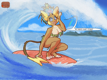 anthro banana barefoot big_breasts blue_eyes breasts brown_body cleavage clothed clothing crouching feet female food fruit fruit_hat fur grape island leaf_clothing looking_at_viewer outside overweight overweight_anthro overweight_female pineapple plant pokemorph rainbow sea sky smile solo speech_bubble surfboard surfing tail text toes water wave robbleu nintendo pokemon alolan_form alolan_raichu generation_7_pokemon pokemon_(species) regional_form_(pokemon) 4:3 english_text hi_res