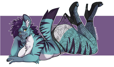 anthro big_butt biped breasts butt claws clothed clothed_anthro clothed_female clothing countershade_torso countershading feet female fingers footwear front_view fur hair high_heels huge_butt looking_at_viewer lying on_front panties pantsless pantsless_anthro pantsless_female partially_clothed partially_clothed_anthro partially_clothed_female shoes simple_background smile solo stripes tail teeth toes topless topless_anthro topless_female underwear mocha-wing hooked_on_heel_(trend) hyena mammal 2026 digital_drawing_(artwork) digital_media_(artwork) hi_res